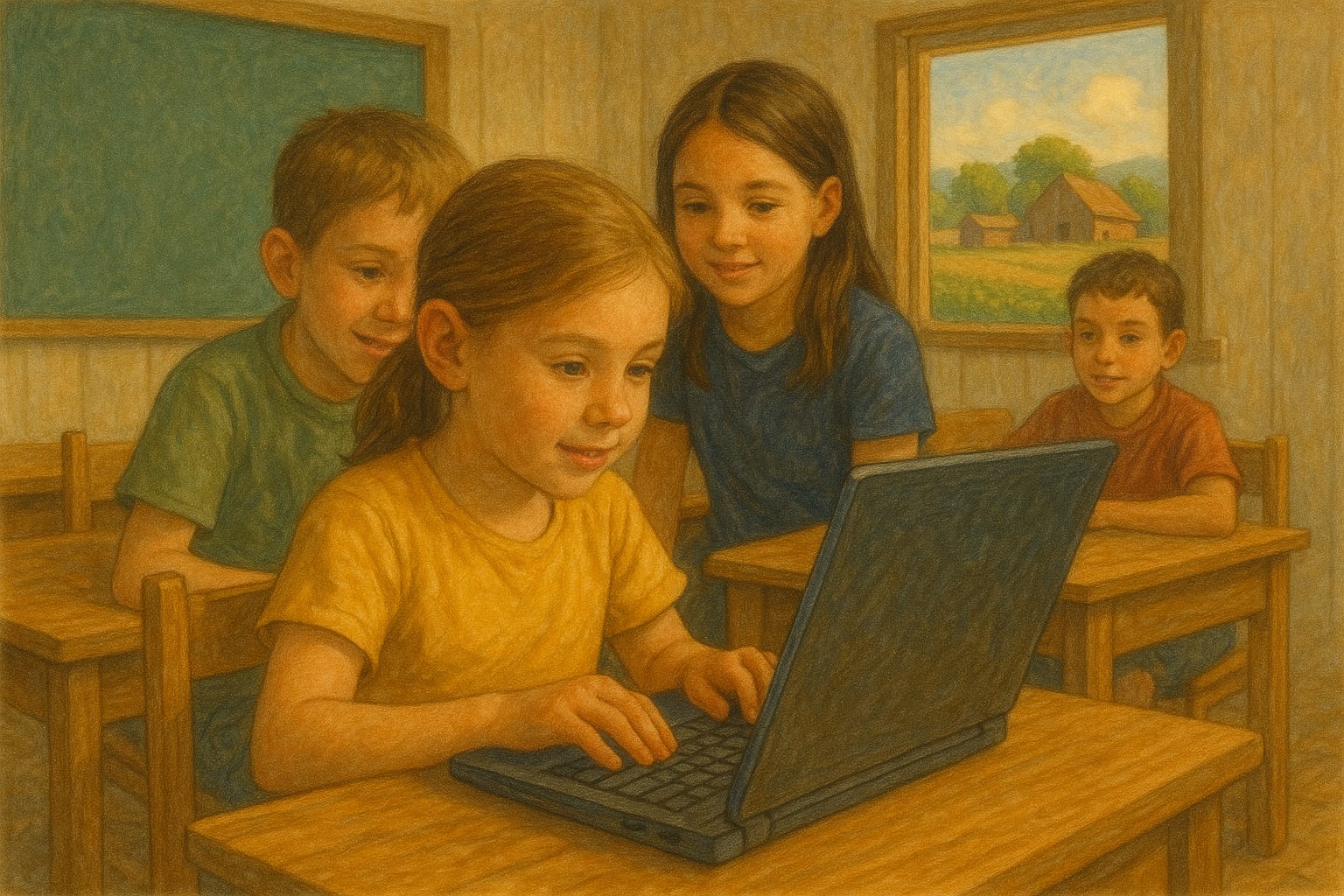 Crianças em sala de aula rural com computador, simbolizando o acesso à educação e informação.
