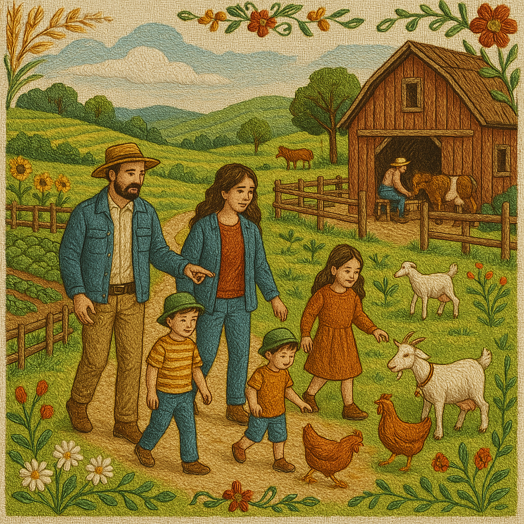 Família caminhando em fazenda turística, representando o turismo rural como ponte cultural.