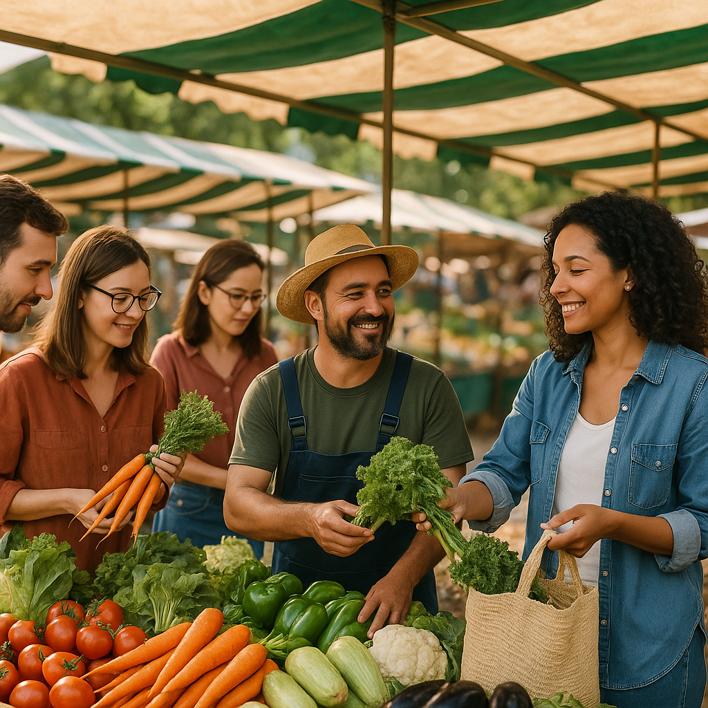 Pessoas comprando frutas e vegetais frescos em uma feira livre, valorizando o agricultor familiar.