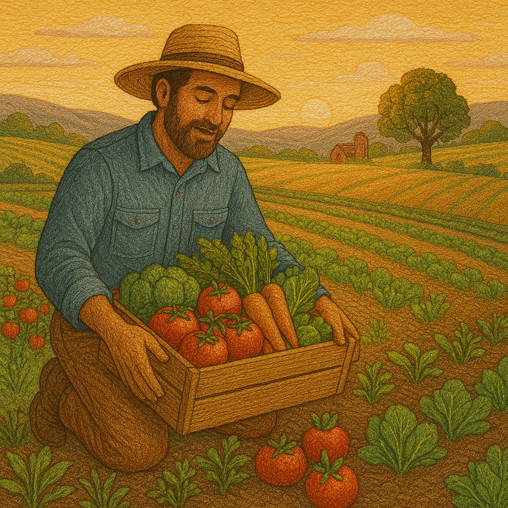 Agricultor colhendo alimentos frescos no campo.