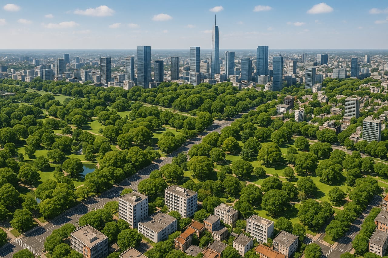 Vista aérea de uma cidade moderna com áreas verdes.