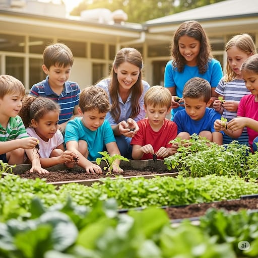 Crianças aprendendo sobre agricultura em uma horta escolar.