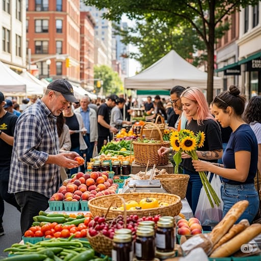 Feira de produtores rurais na cidade, com pessoas comprando.