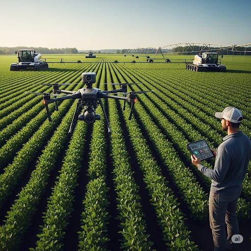 Tecnologia sendo usada em uma fazenda moderna.