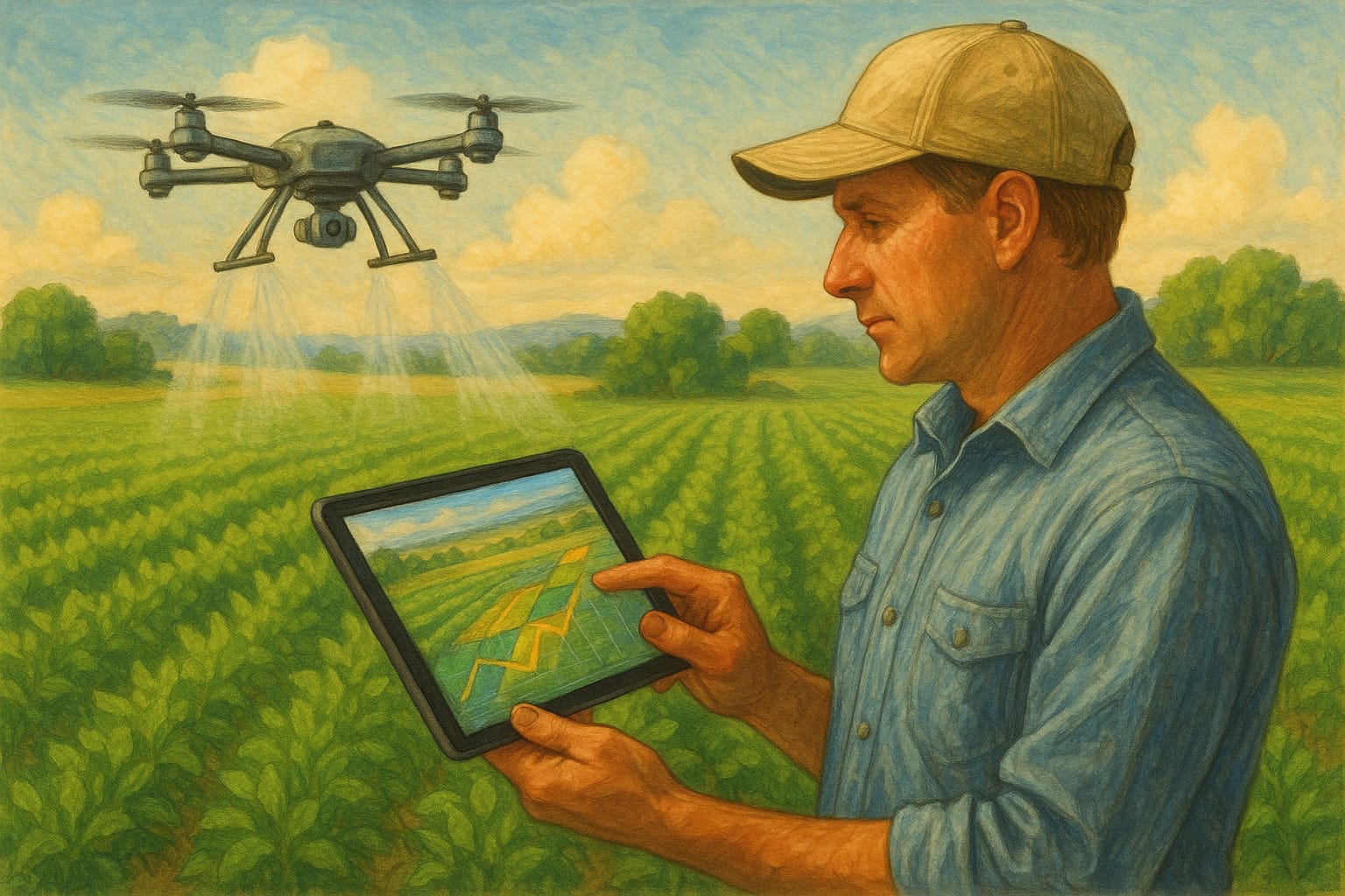 Agricultor utilizando tablet para monitorar plantação com drone ao fundo, ilustrando a tecnologia no campo.