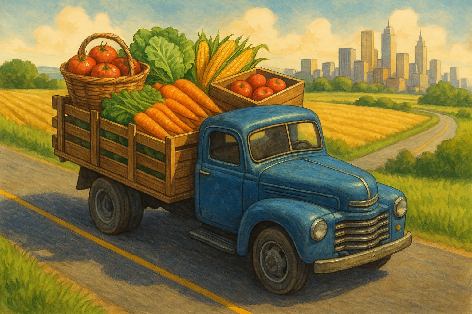 Caminhão transportando produtos agrícolas frescos do campo para a cidade, simbolizando a logística e o abastecimento.